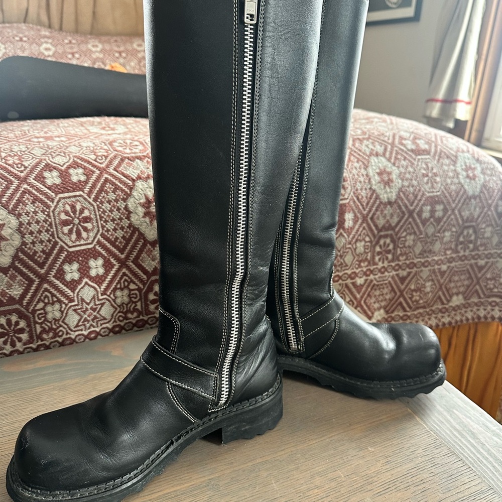 John Fluevog Black Leather Moto Boots with Buckles - Picture 3 of 9